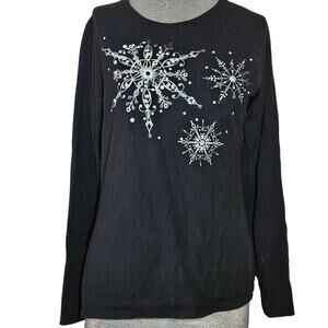 Black Cotton Silver Glitter Snowflake Long Sleeve Tee Size Medium